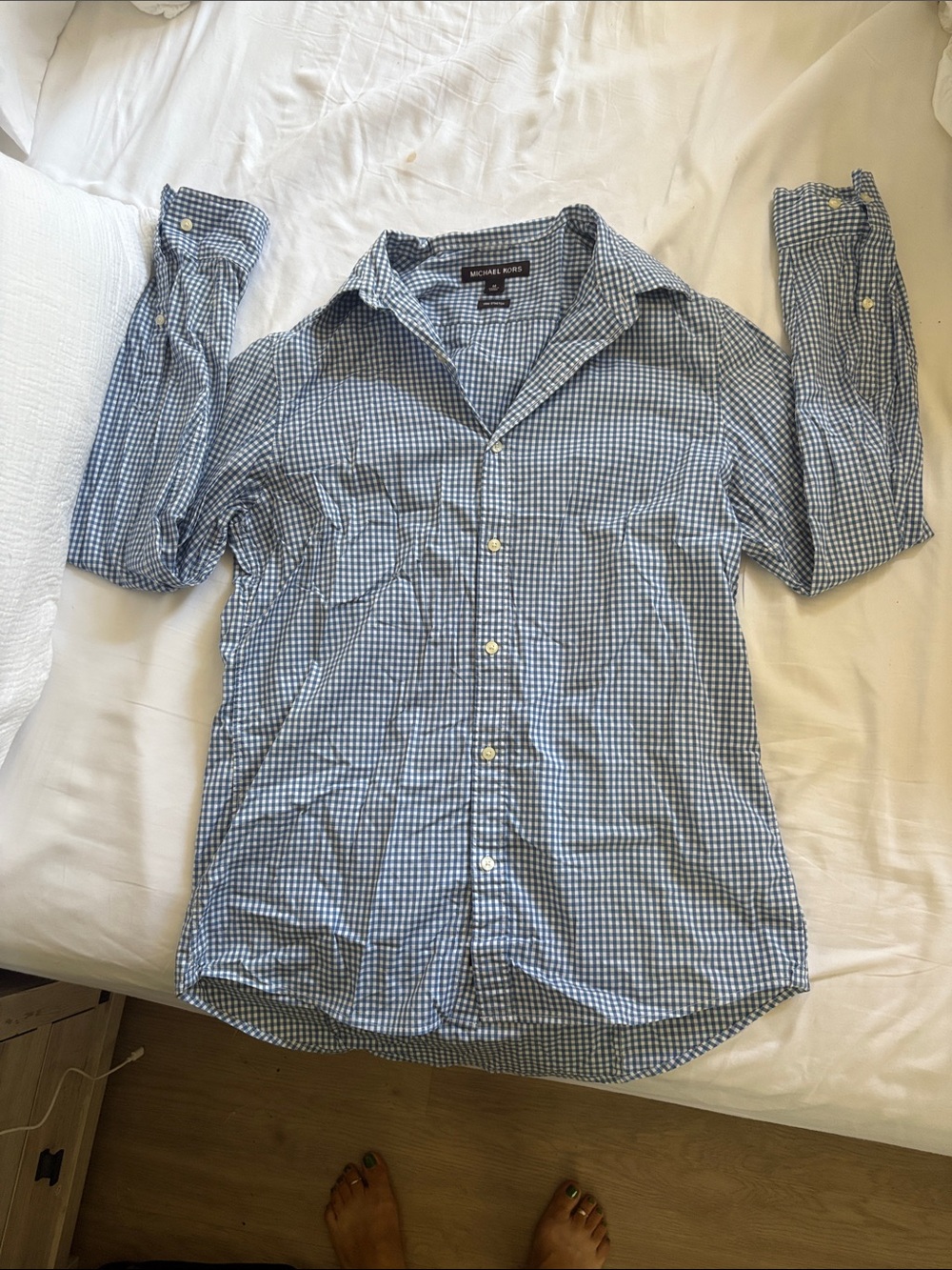 Michael Kors Blue and White Gingham Dress Shirt